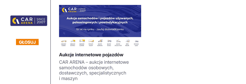 
Aukcje internetowe pojazd&oacute;w
CAR ARENA &ndash; aukcje internetowe samochod&oacute;w osobowych, dostawczych, specjalistycznych i&nbsp;maszyn